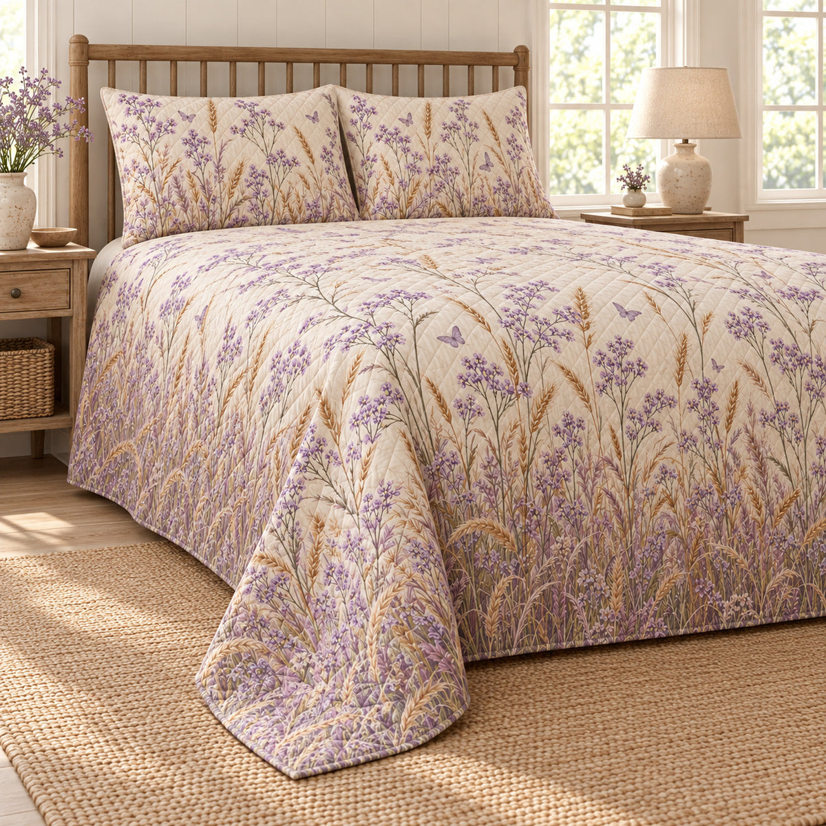 Sea lavender wild meadow quilt set, low left country bedroom view with diamond quilting, AI-generated mockup