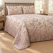 Sea lavender wild meadow quilt set, low left country bedroom view with diamond quilting, AI-generated mockup