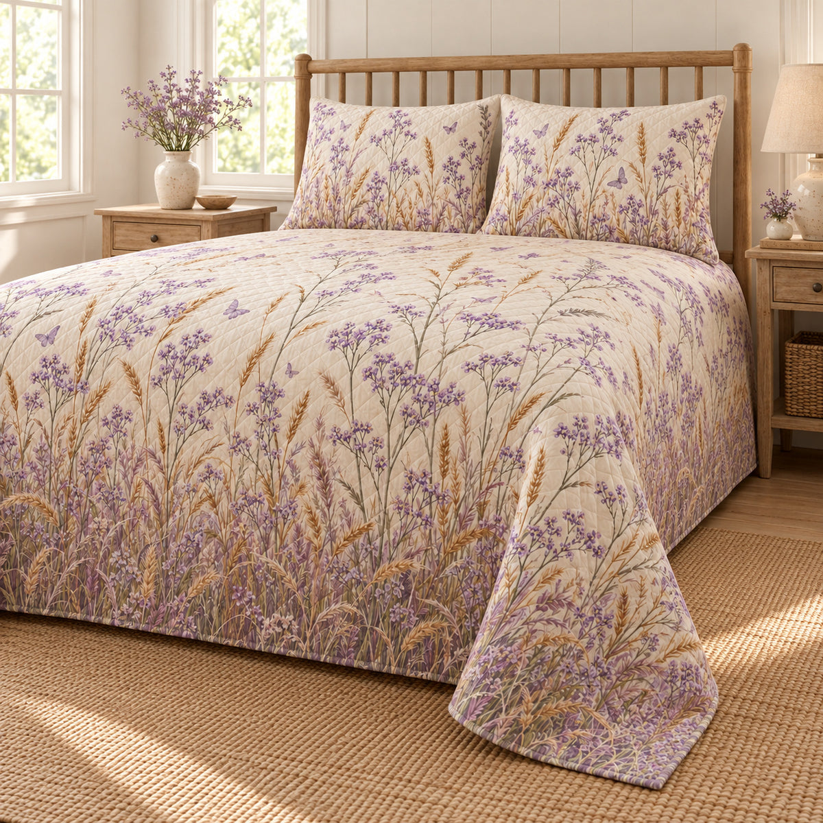 Sea lavender wild meadow quilt set, low right country bedroom view with diamond quilting, AI-generated mockup