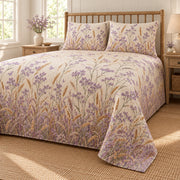 Sea lavender wild meadow quilt set, low right country bedroom view with diamond quilting, AI-generated mockup