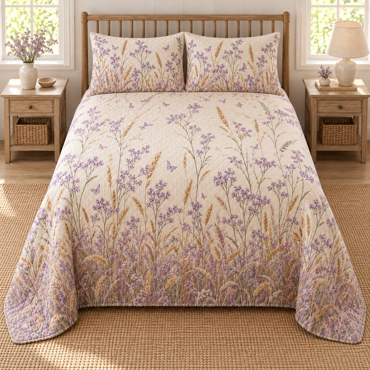 Sea lavender wild meadow quilt set, centered elevated direct country bedroom view with diamond quilting, AI-generated mockup