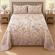 Sea lavender wild meadow quilt set, centered elevated direct country bedroom view with diamond quilting, AI-generated mockup
