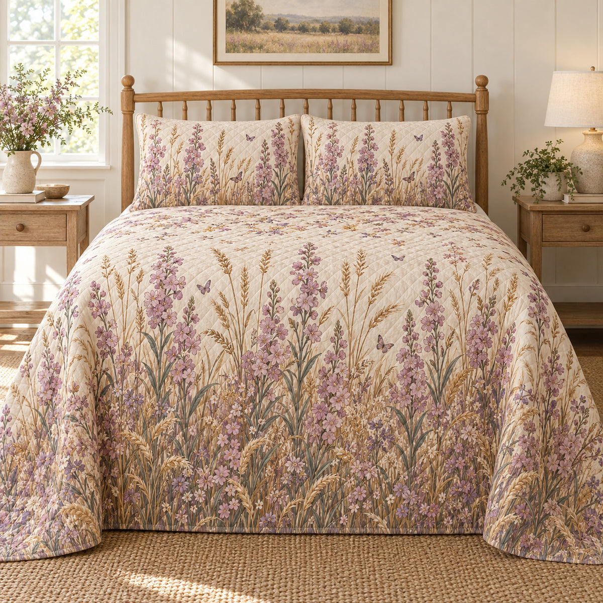 Stock flower wild meadow quilt set, front country bedroom view with diamond quilting, AI-generated mockup