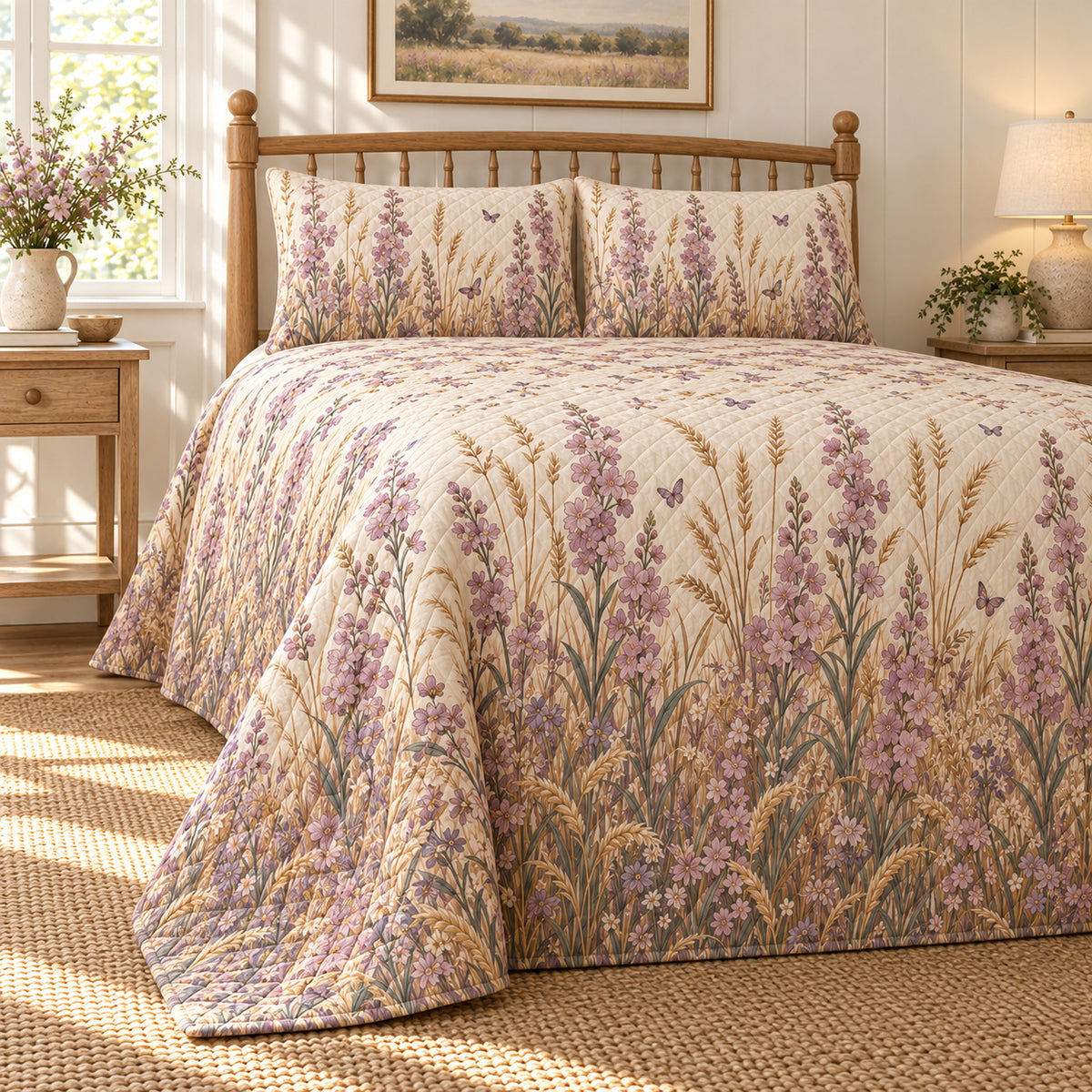 Stock flower wild meadow quilt set, low left country bedroom view with diamond quilting, AI-generated mockup