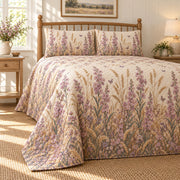 Stock flower wild meadow quilt set, low left country bedroom view with diamond quilting, AI-generated mockup