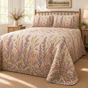 Stock flower wild meadow quilt set, low right country bedroom view with diamond quilting, AI-generated mockup
