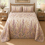 Stock flower wild meadow quilt set, centered elevated direct view with diamond quilting, AI-generated mockup