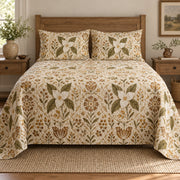 Trillium folk art garden quilt set, centered front farmhouse bedroom view with diamond quilting, AI-generated mockup