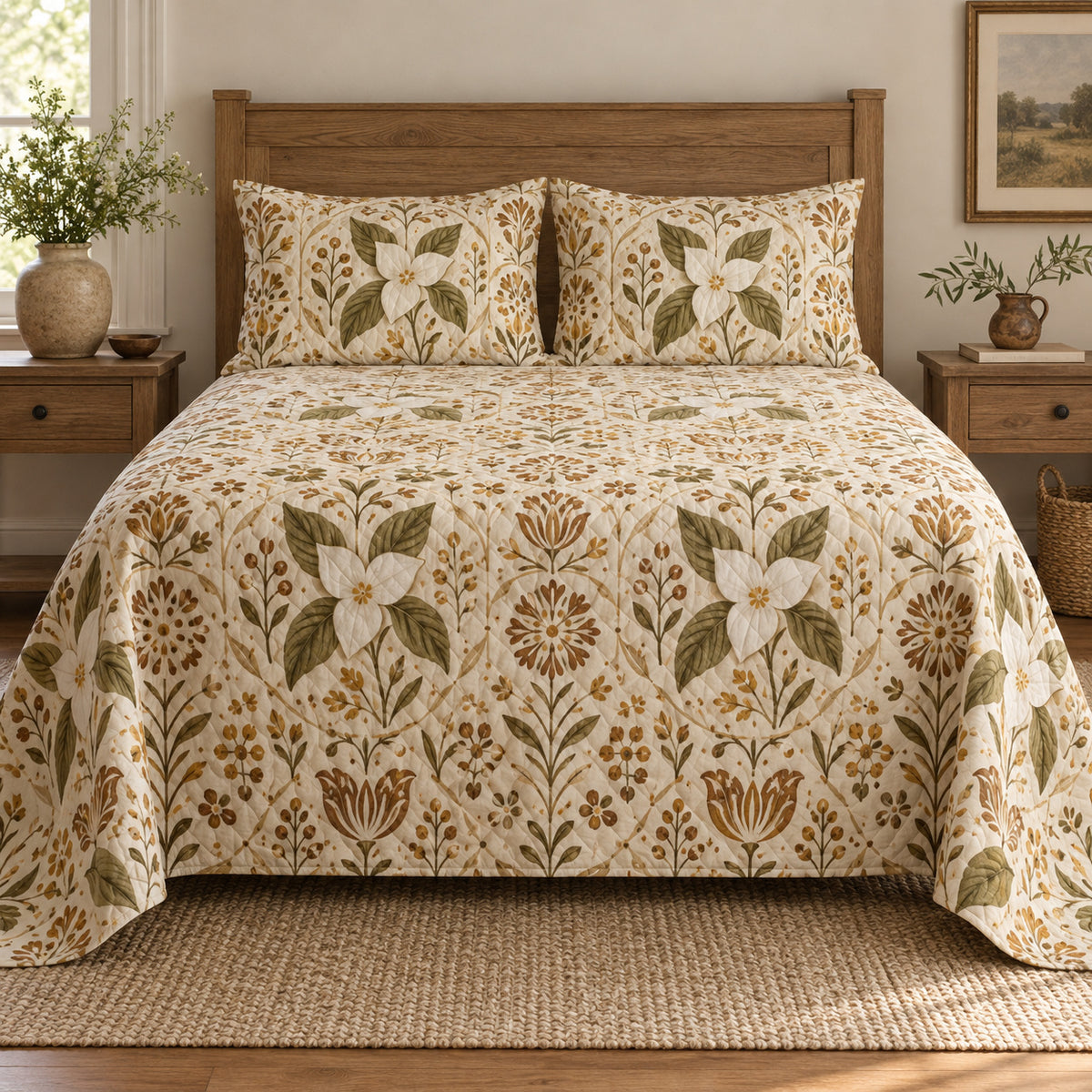 Trillium folk art garden quilt set, centered front farmhouse bedroom view with diamond quilting, AI-generated mockup