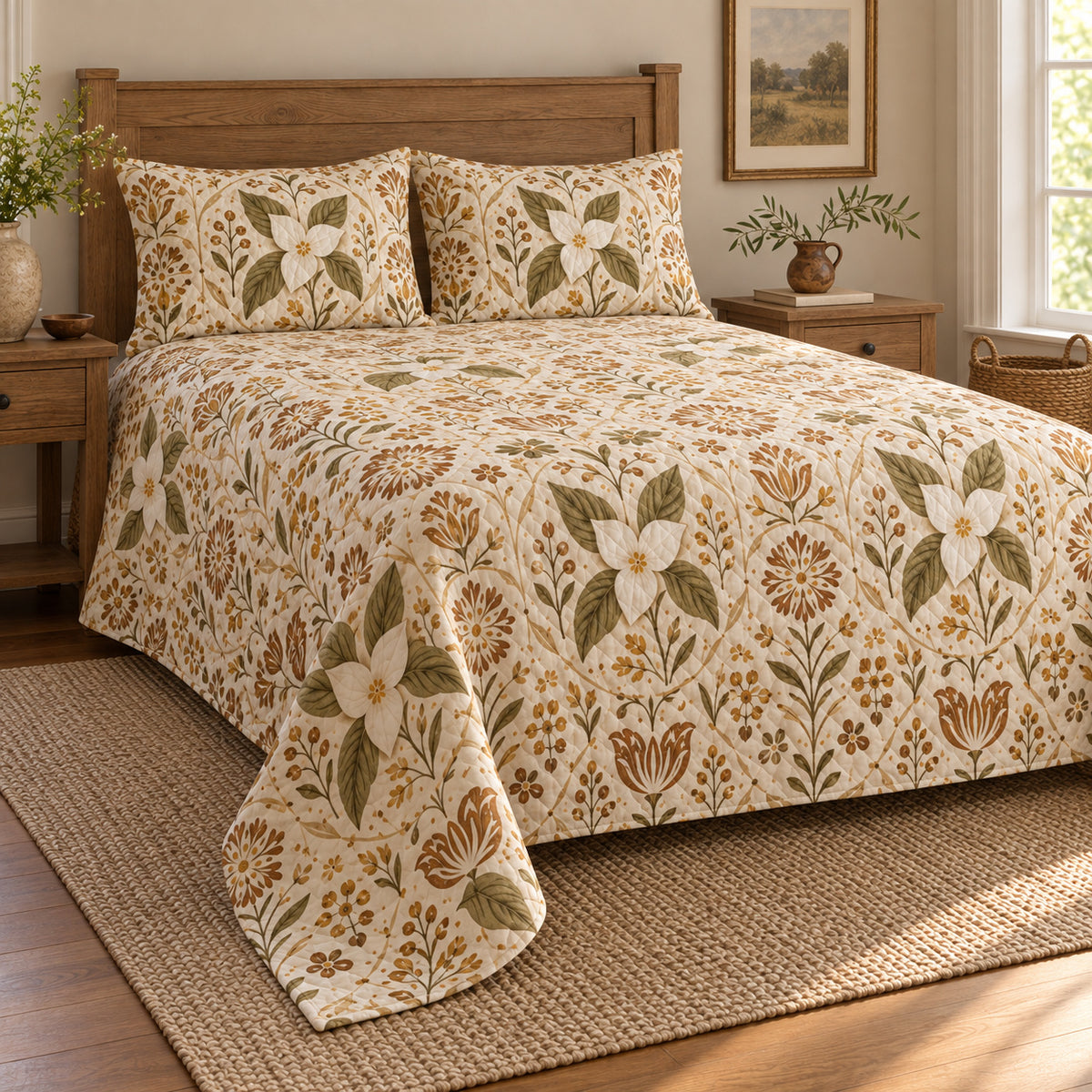 Trillium folk art garden quilt set, low left farmhouse bedroom view with diamond quilting, AI-generated mockup