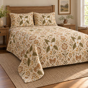 Trillium folk art garden quilt set, low left farmhouse bedroom view with diamond quilting, AI-generated mockup