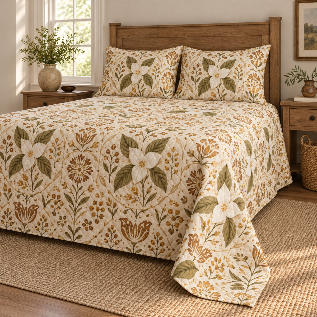 Trillium folk art garden quilt set, low right farmhouse bedroom view with diamond quilting, AI-generated mockup
