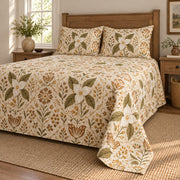 Trillium folk art garden quilt set, low right farmhouse bedroom view with diamond quilting, AI-generated mockup
