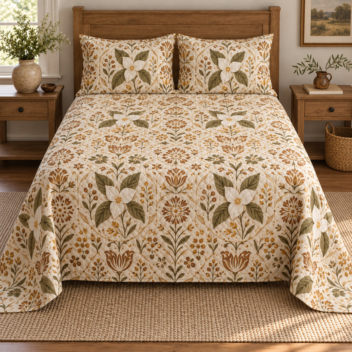 Trillium folk art garden quilt set, centered elevated direct view with diamond quilting, AI-generated mockup