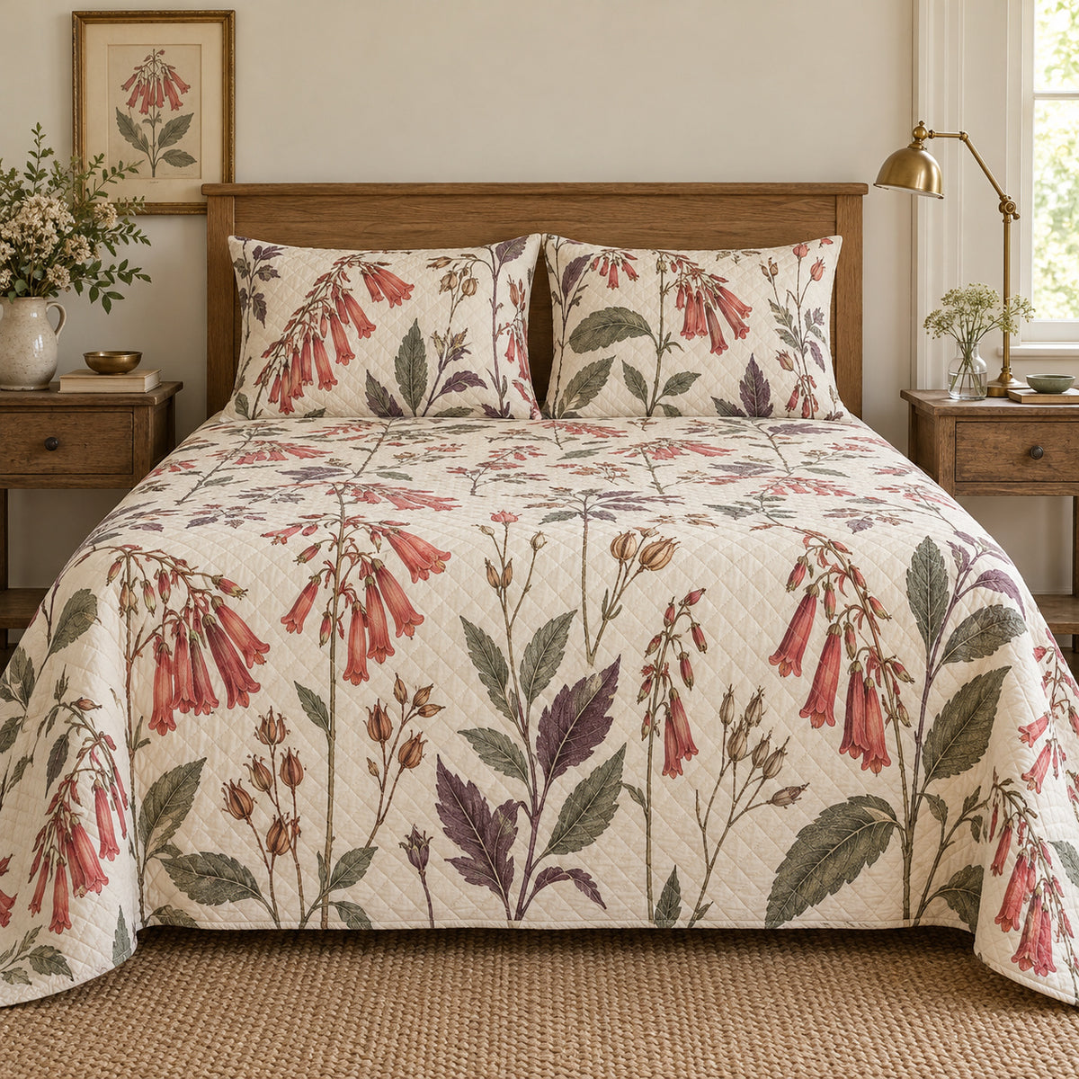 Cape fuchsia heirloom herbarium quilt set, centered front cottage bedroom view with diamond quilting, AI-generated mockup