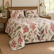 Cape fuchsia heirloom herbarium quilt set, low left cottage bedroom view with diamond quilting, AI-generated mockup