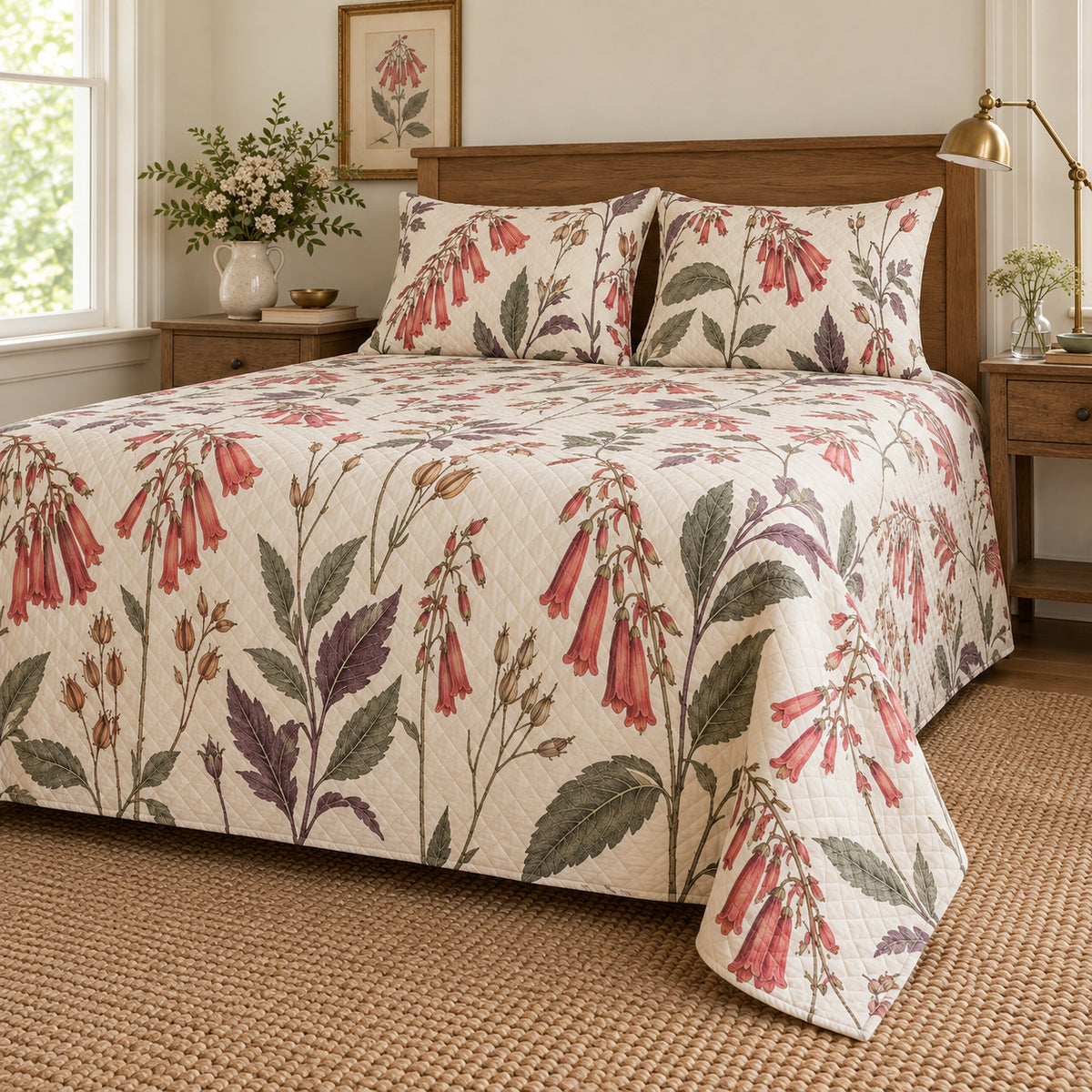 Cape fuchsia heirloom herbarium quilt set, low right cottage bedroom view with diamond quilting, AI-generated mockup