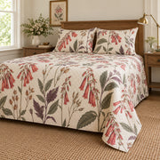 Cape fuchsia heirloom herbarium quilt set, low right cottage bedroom view with diamond quilting, AI-generated mockup