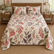 Cape fuchsia heirloom herbarium quilt set, centered elevated direct view with diamond quilting, AI-generated mockup