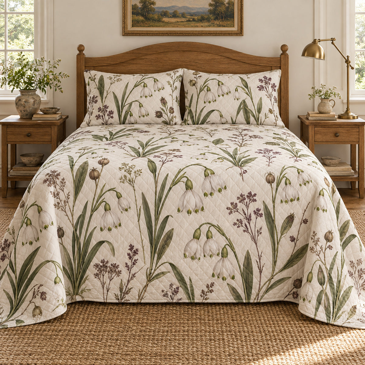 Summer snowflake heirloom herbarium quilt set, centered front cottage bedroom view with diamond quilting, AI-generated mockup