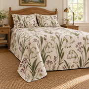 Summer snowflake heirloom herbarium quilt set, low left cottage bedroom view with diamond quilting, AI-generated mockup