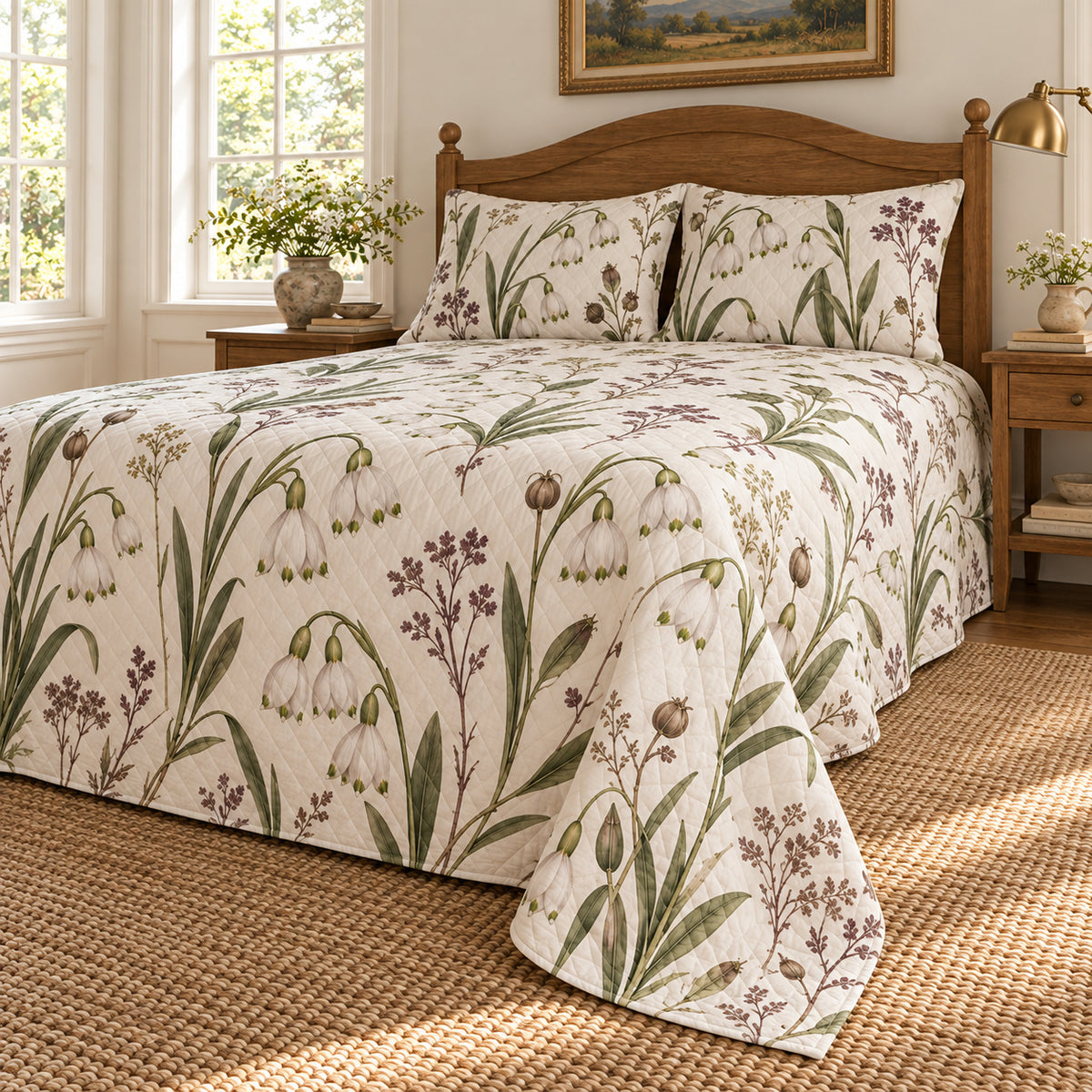 Summer snowflake heirloom herbarium quilt set, low right cottage bedroom view with diamond quilting, AI-generated mockup