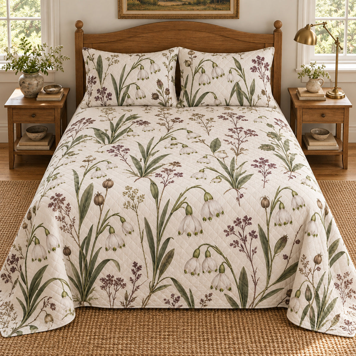 Summer snowflake heirloom herbarium quilt set, centered elevated direct view with diamond quilting, AI-generated mockup
