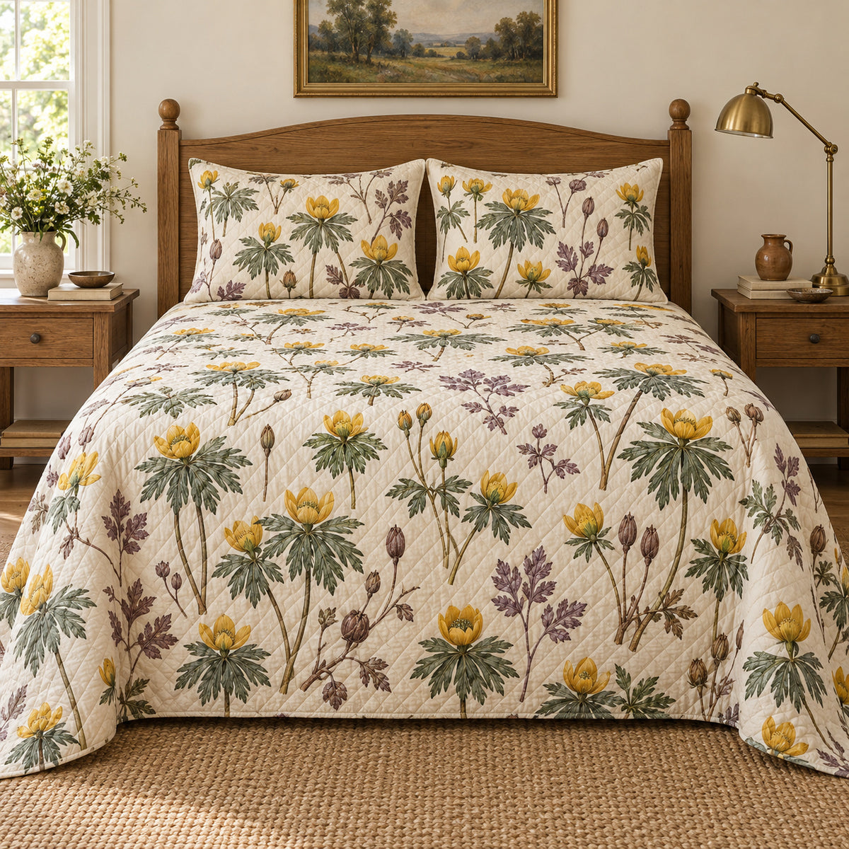 Winter aconite heirloom herbarium quilt set, centered front cottage bedroom view with diamond quilting, AI-generated mockup