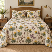 Winter aconite heirloom herbarium quilt set, centered front cottage bedroom view with diamond quilting, AI-generated mockup