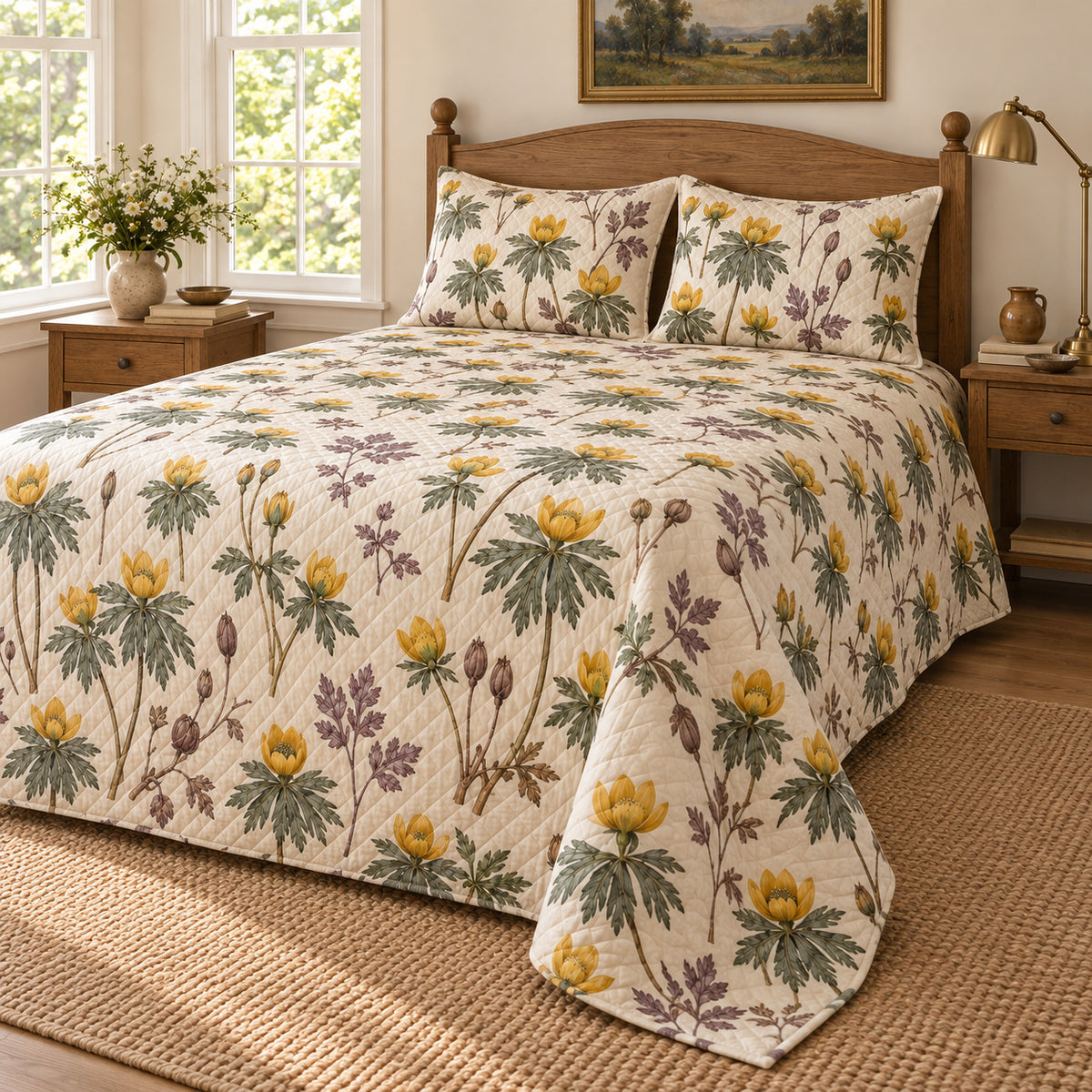 Winter aconite heirloom herbarium quilt set, low left cottage bedroom view with diamond quilting, AI-generated mockup