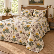 Winter aconite heirloom herbarium quilt set, low left cottage bedroom view with diamond quilting, AI-generated mockup