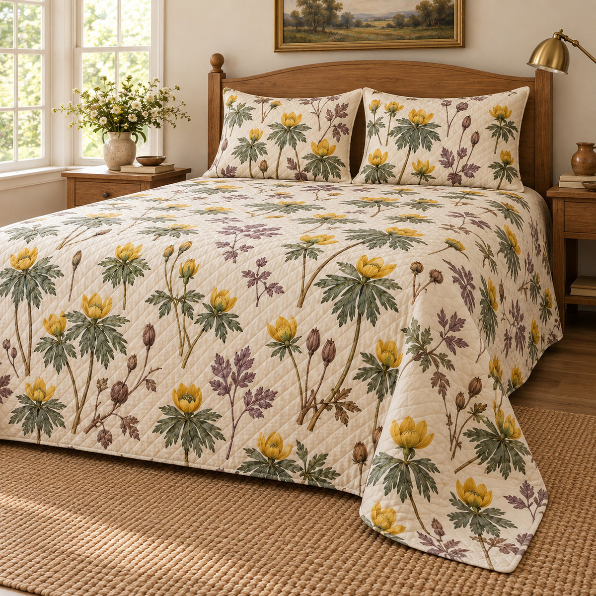 Winter aconite heirloom herbarium quilt set, low right cottage bedroom view with diamond quilting, AI-generated mockup