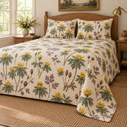 Winter aconite heirloom herbarium quilt set, low right cottage bedroom view with diamond quilting, AI-generated mockup