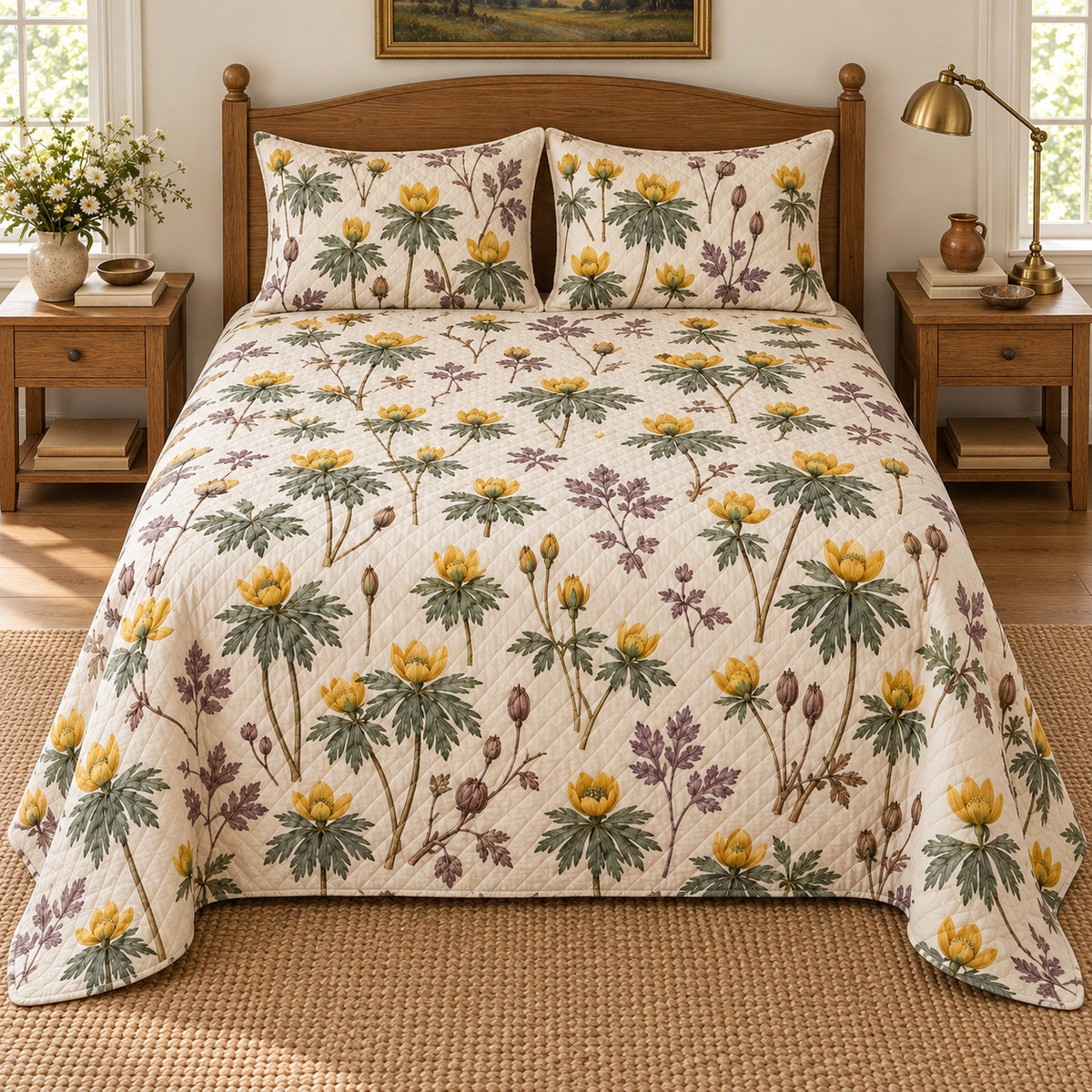 Winter aconite heirloom herbarium quilt set, centered elevated direct view with diamond quilting, AI-generated mockup