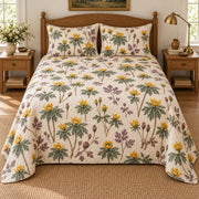 Winter aconite heirloom herbarium quilt set, centered elevated direct view with diamond quilting, AI-generated mockup