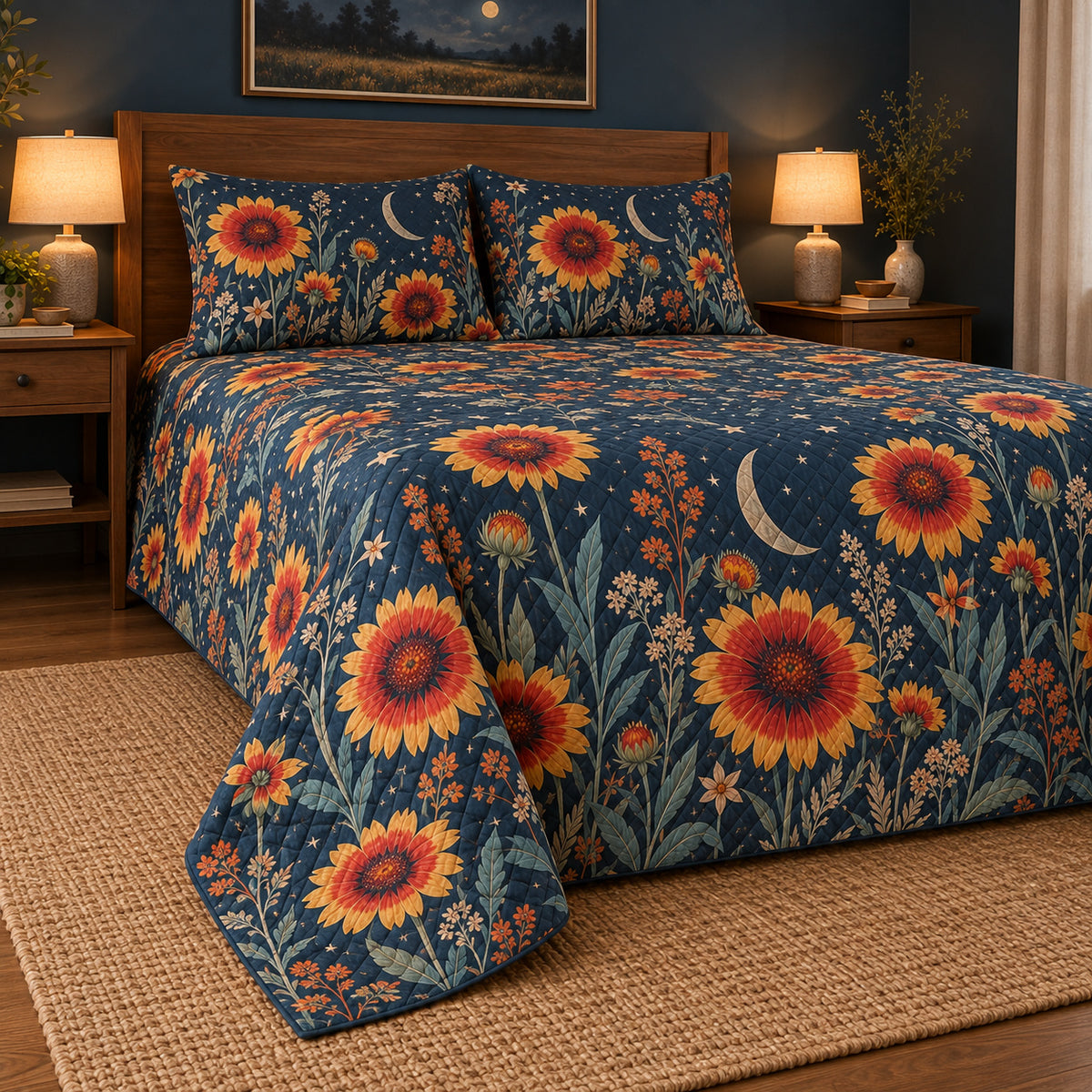 Blanket flower moonlit field quilt set, low left cozy bedroom view with diamond quilting, AI-generated mockup