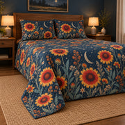 Blanket flower moonlit field quilt set, low left cozy bedroom view with diamond quilting, AI-generated mockup