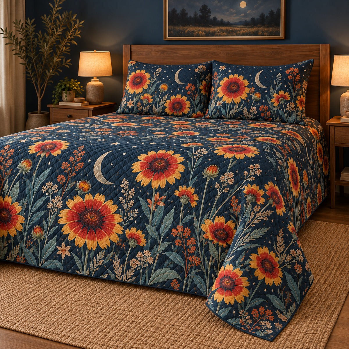 Blanket flower moonlit field quilt set, low right cozy bedroom view with diamond quilting, AI-generated mockup