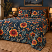 Blanket flower moonlit field quilt set, low right cozy bedroom view with diamond quilting, AI-generated mockup