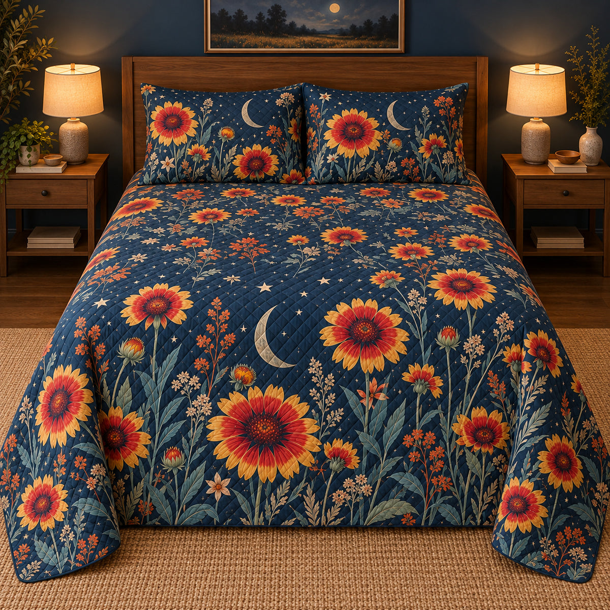 Blanket flower moonlit field quilt set, centered elevated direct view with diamond quilting, AI-generated mockup