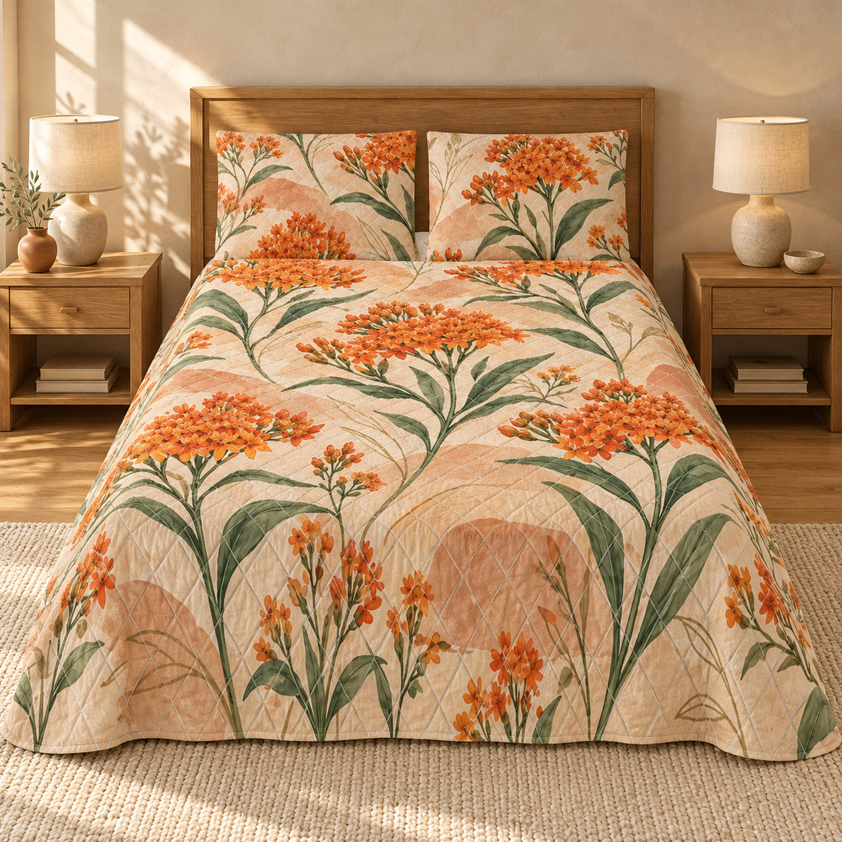 Butterfly Milkweed floral quilt set, front view, AI-generated preview