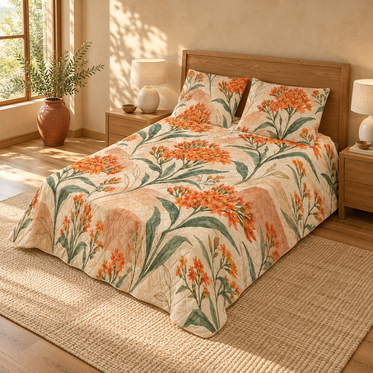 Butterfly Milkweed floral quilt set, left view, AI-generated preview