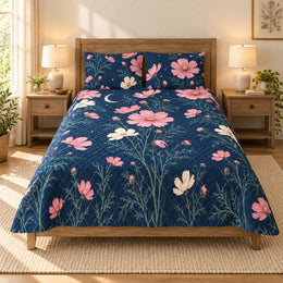 Cosmos Moonlit Floral Quilt Set, Navy Botanical Bedding, Gift for Cosmos Lovers