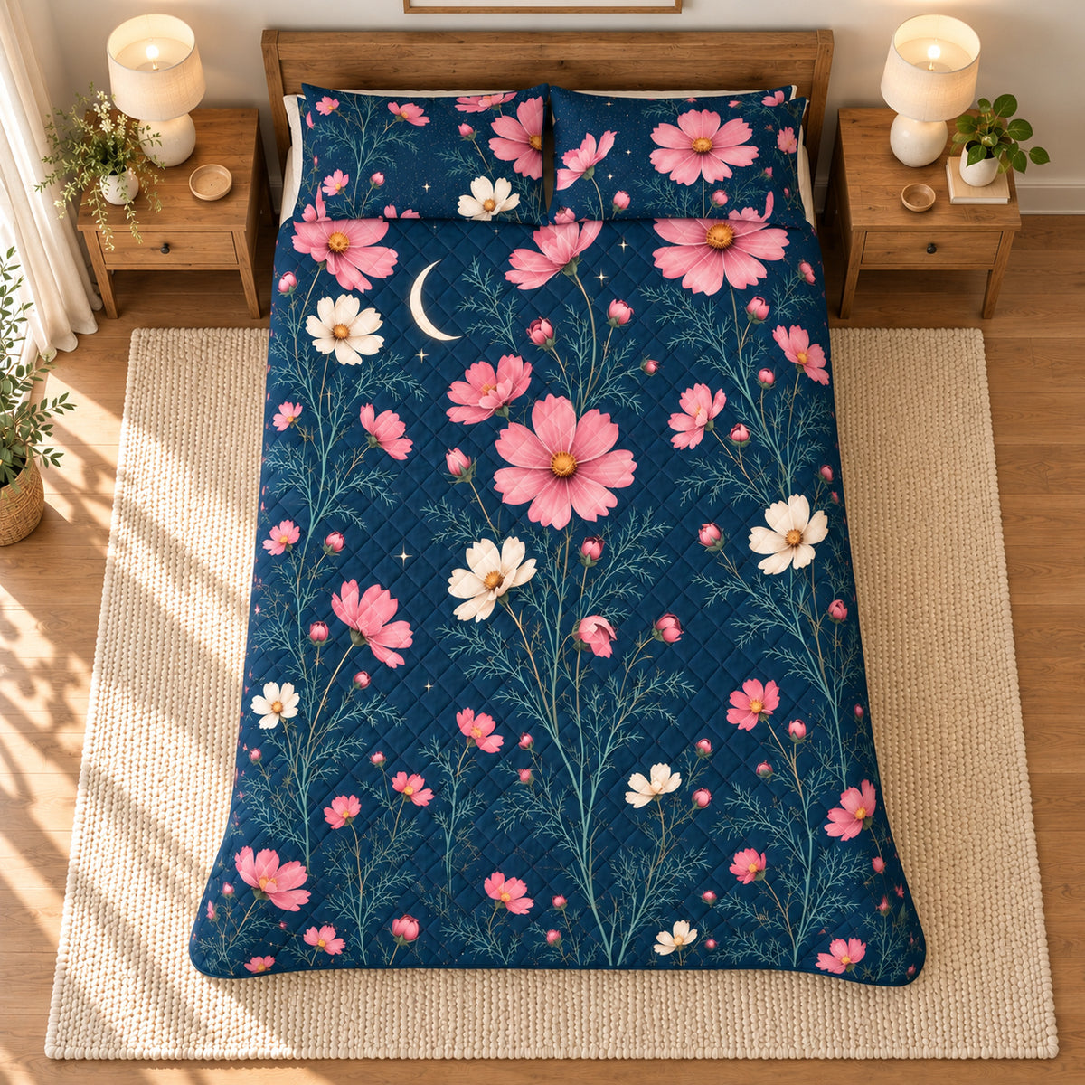 Cosmos Moonlit floral quilt set in navy, overhead view, AI-generated product preview