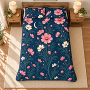 Cosmos Moonlit floral quilt set in navy, overhead view, AI-generated product preview