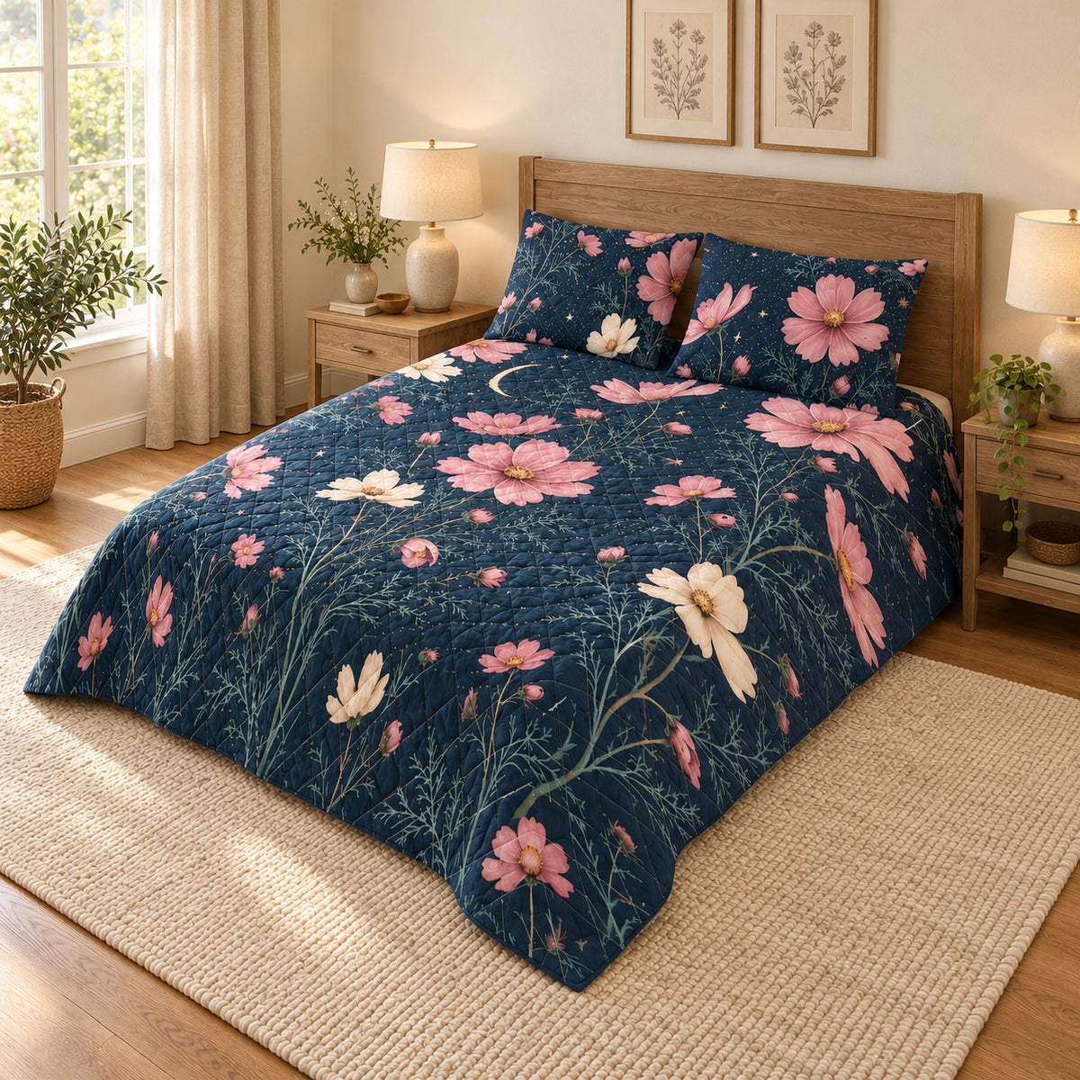 Cosmos Moonlit floral quilt set in navy, left view, AI-generated product preview