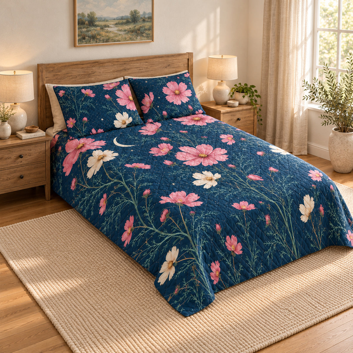 Cosmos Moonlit floral quilt set in navy, right view, AI-generated product preview