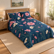 Cosmos Moonlit floral quilt set in navy, right view, AI-generated product preview