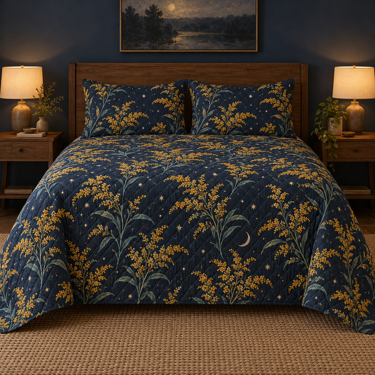 Goldenrod moonlit floral quilt set, centered front bedroom view with diamond quilting, AI-generated mockup
