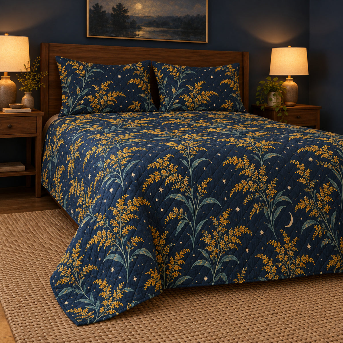 Goldenrod moonlit floral quilt set, low left bedroom view with diamond quilting, AI-generated mockup
